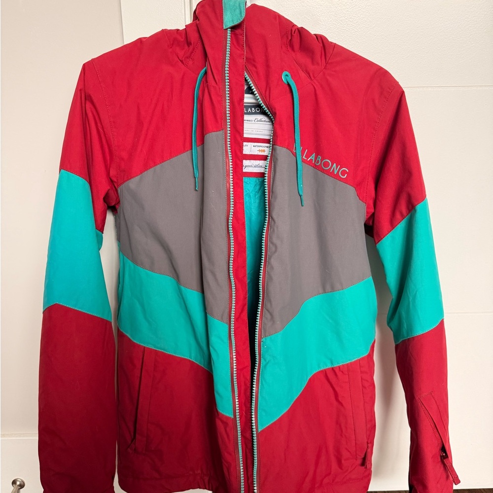Billabong Red Teal Gray Colorblock Jacket with Hood